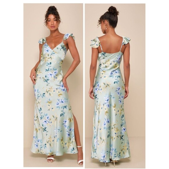 Lulus Captivating Grace Sage Green Floral Satin Ruffled Maxi Dress Size Large - Picture 1 of 10